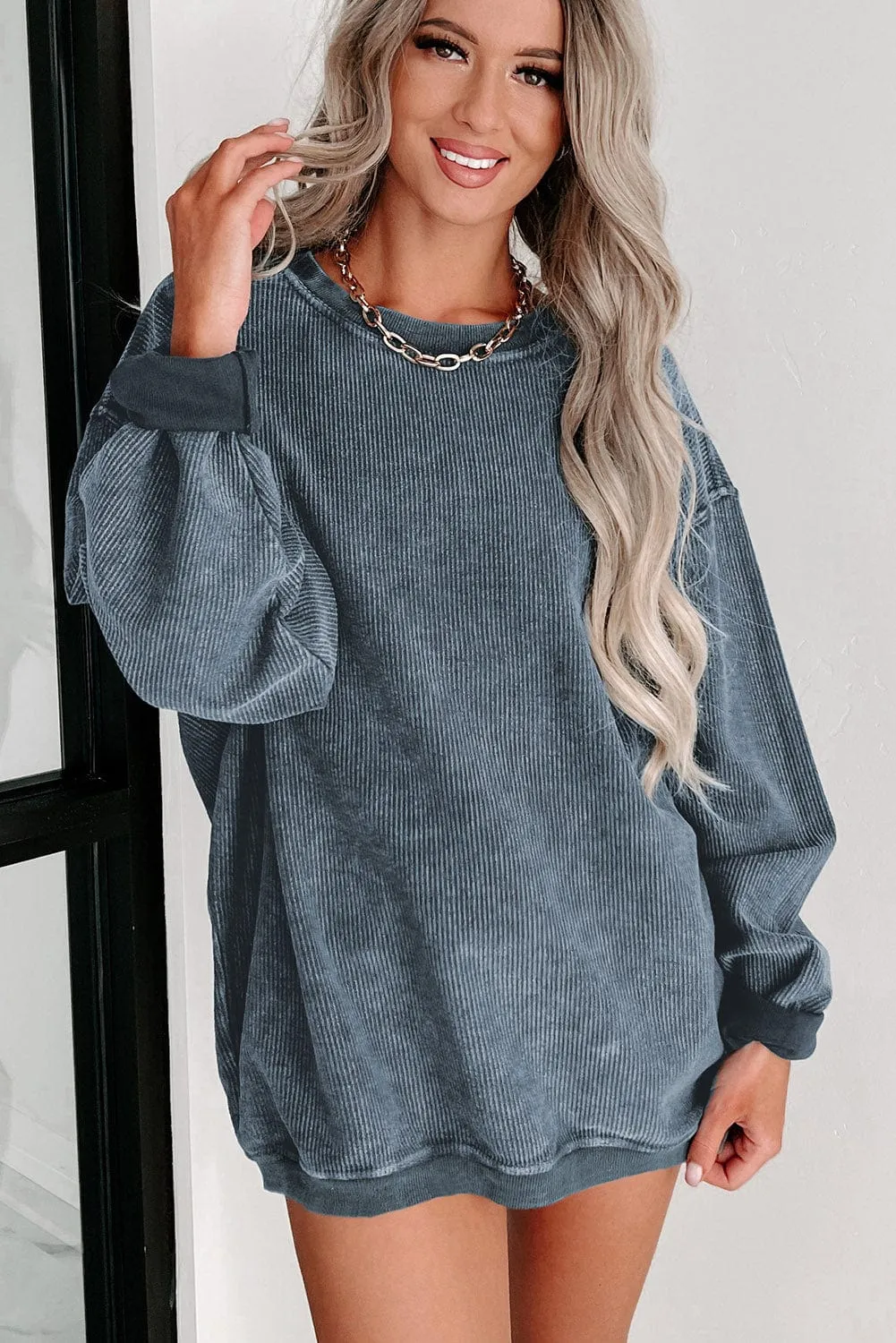 Blue Ribbed Knit Round Neck Pullover Sweatshirt with Solid Color