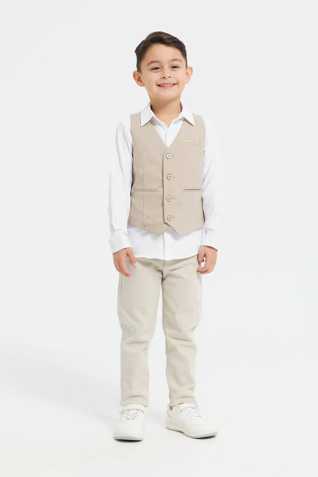 Boys Beige And White Vest And Shirt Set (2 Piece)