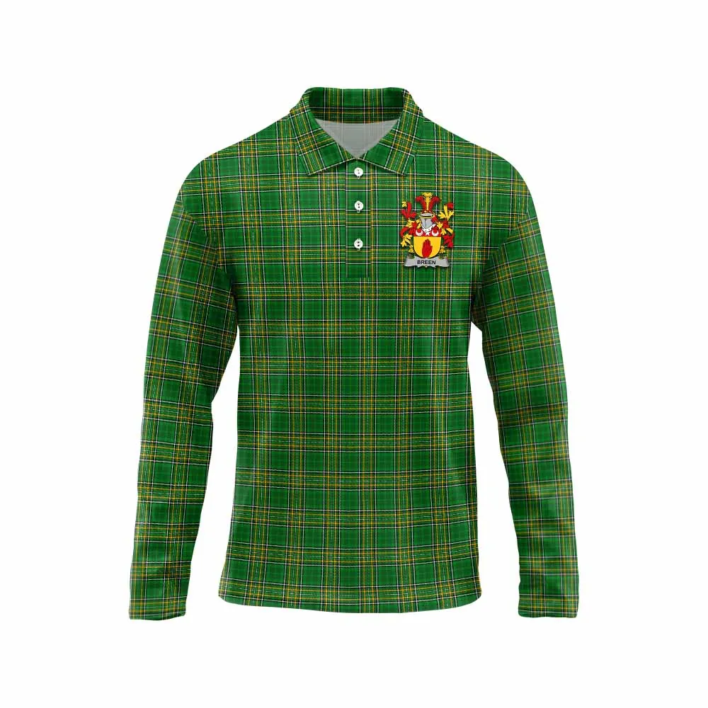 Breen Irish Clan Tartan Long Sleeve Polo Shirt with Coat of Arms