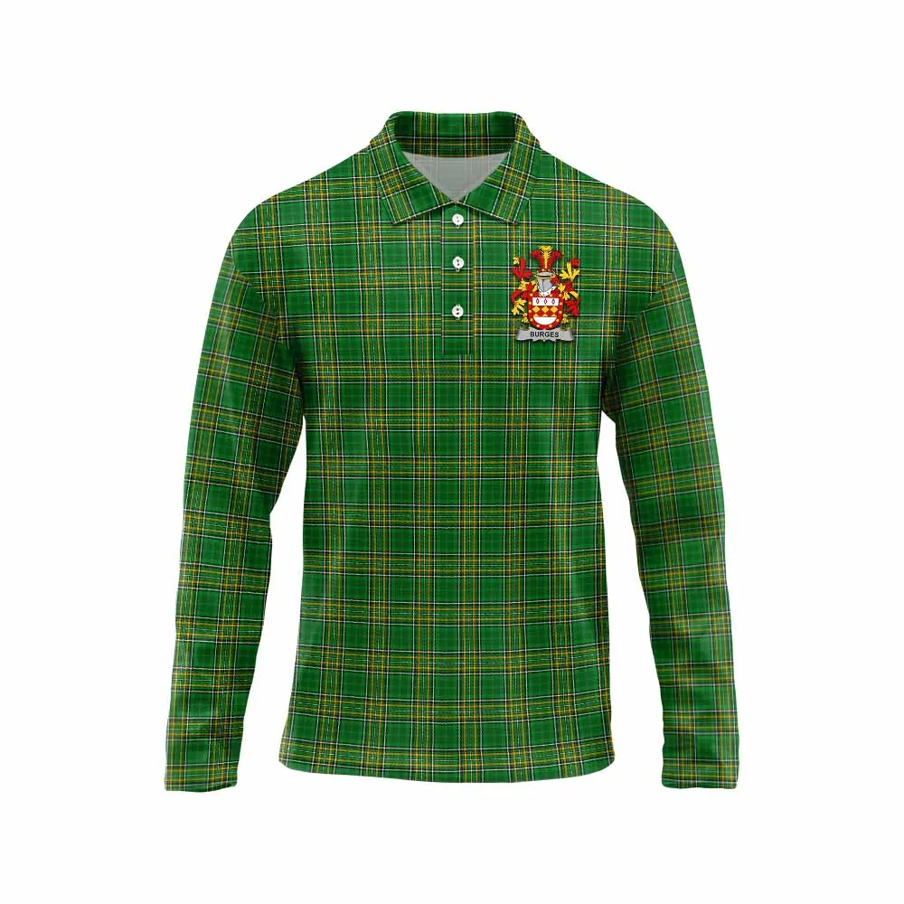 Burges Irish Clan Tartan Long Sleeve Polo Shirt with Coat of Arms