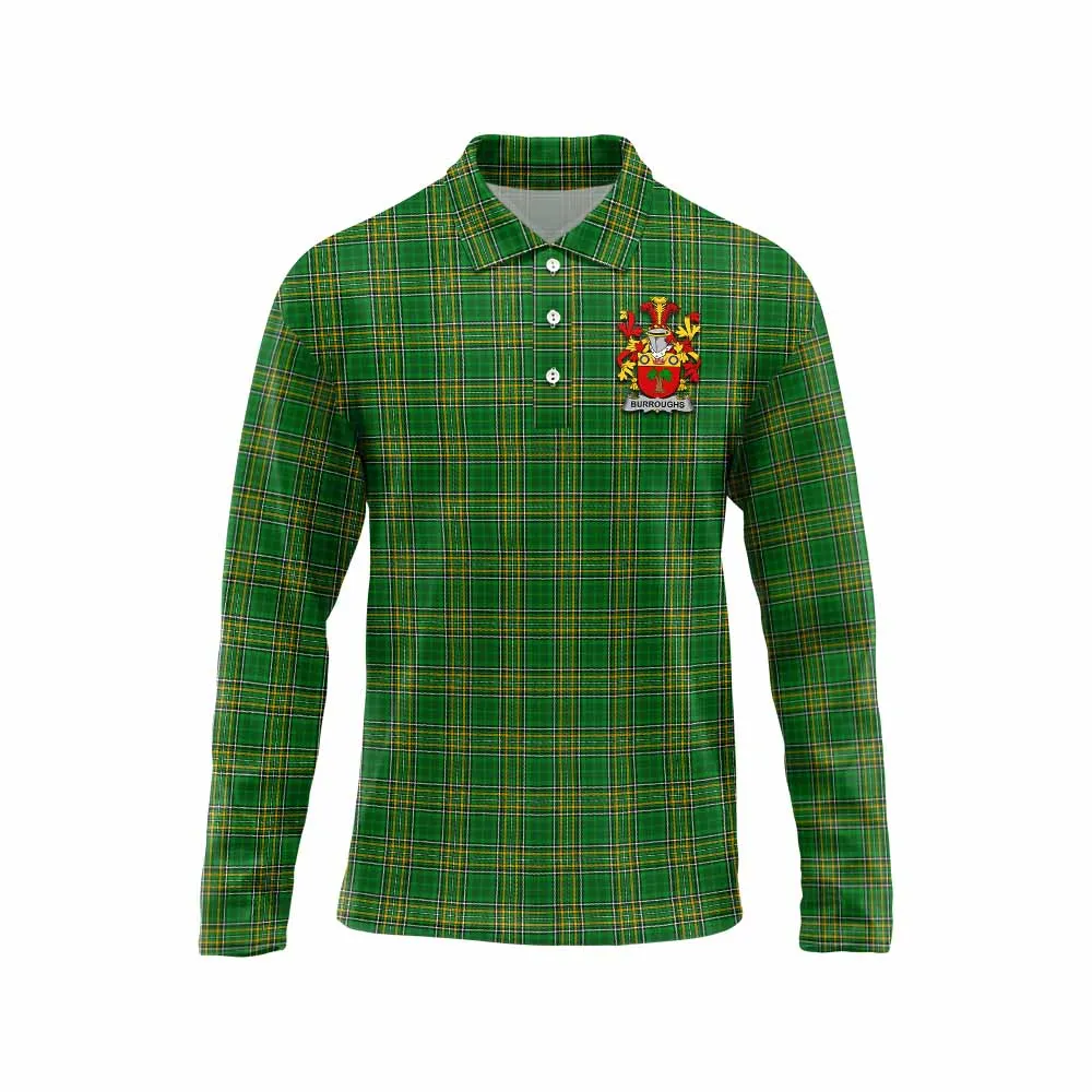 Burroughs Irish Clan Tartan Long Sleeve Polo Shirt with Coat of Arms