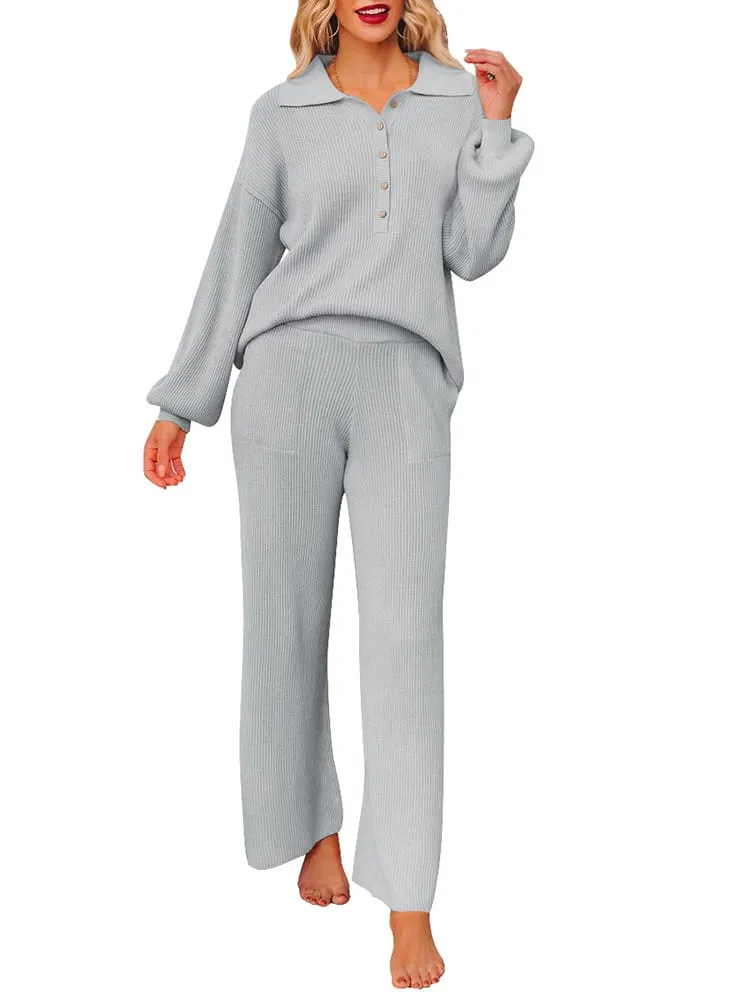 Button Knit Loungewear Puff Sleeve Top Lounge Pants 2 Pieces Sweatsuit