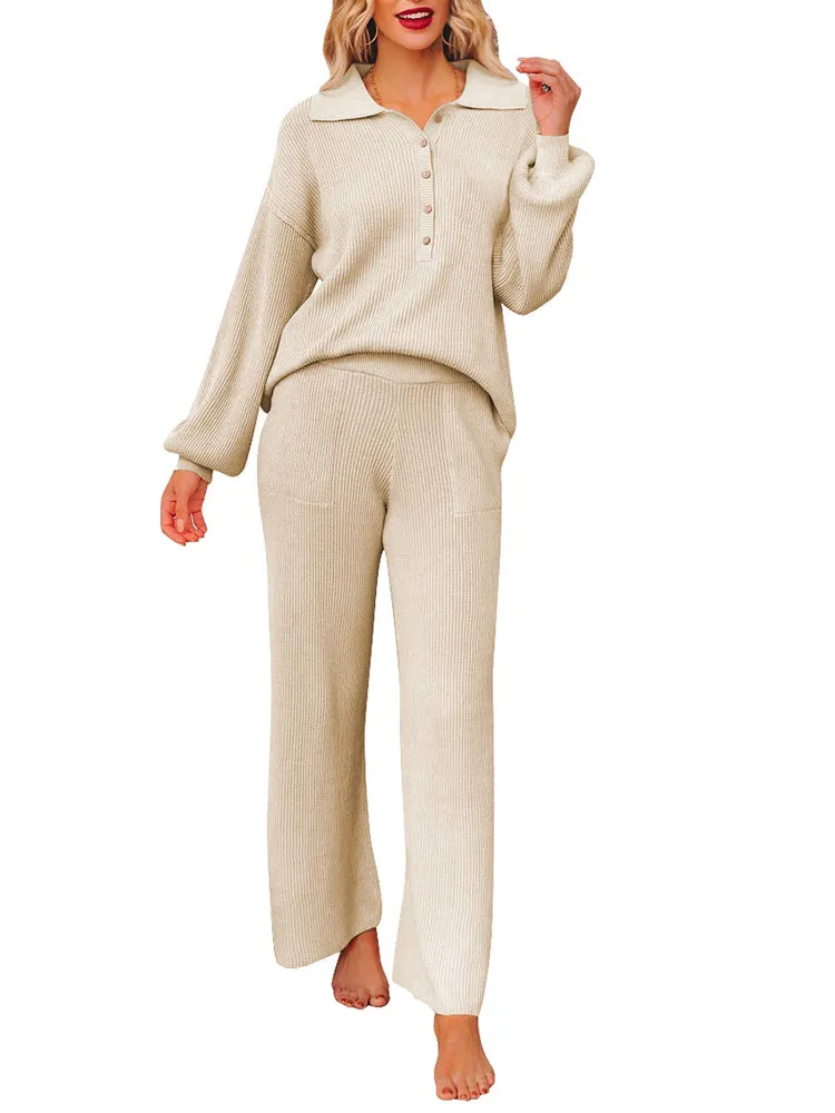 Button Knit Loungewear Puff Sleeve Top Lounge Pants 2 Pieces Sweatsuit