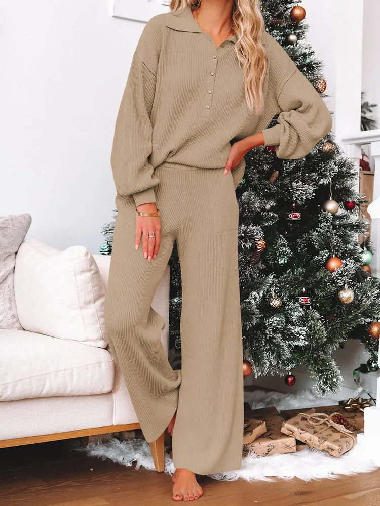 Button Knit Loungewear Puff Sleeve Top Lounge Pants 2 Pieces Sweatsuit