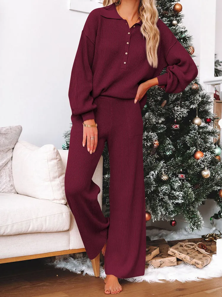 Button Knit Loungewear Puff Sleeve Top Lounge Pants 2 Pieces Sweatsuit