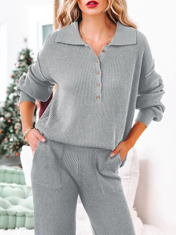 Button Knit Loungewear Puff Sleeve Top Lounge Pants 2 Pieces Sweatsuit