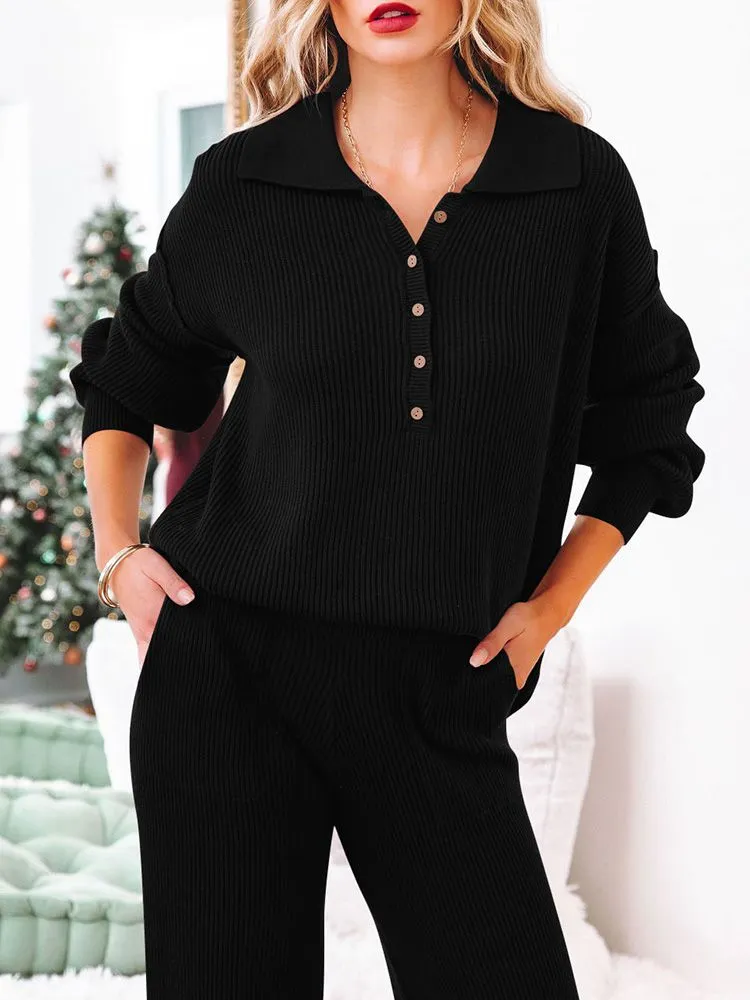 Button Knit Loungewear Puff Sleeve Top Lounge Pants 2 Pieces Sweatsuit