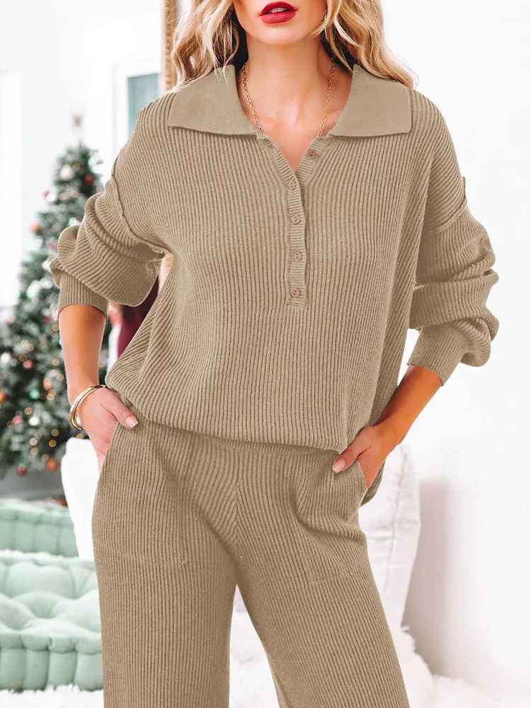 Button Knit Loungewear Puff Sleeve Top Lounge Pants 2 Pieces Sweatsuit