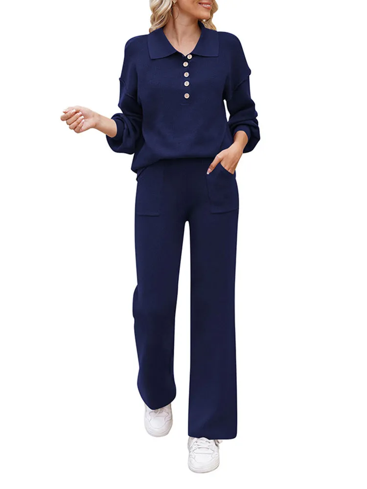 Button Knit Loungewear Puff Sleeve Top Lounge Pants 2 Pieces Sweatsuit