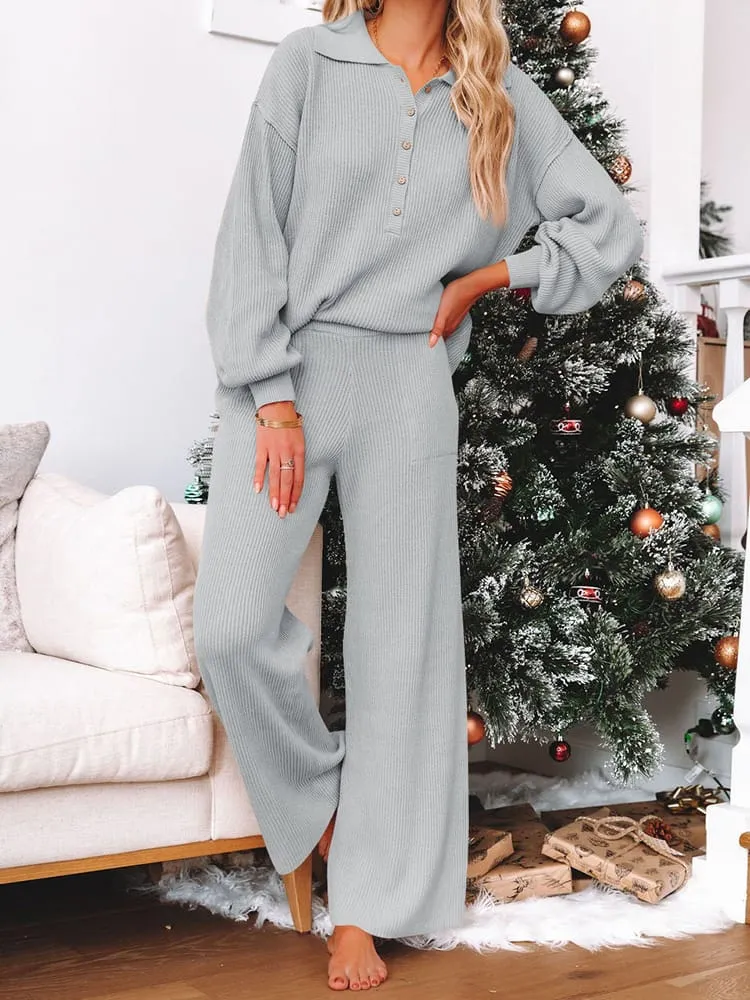 Button Knit Loungewear Puff Sleeve Top Lounge Pants 2 Pieces Sweatsuit