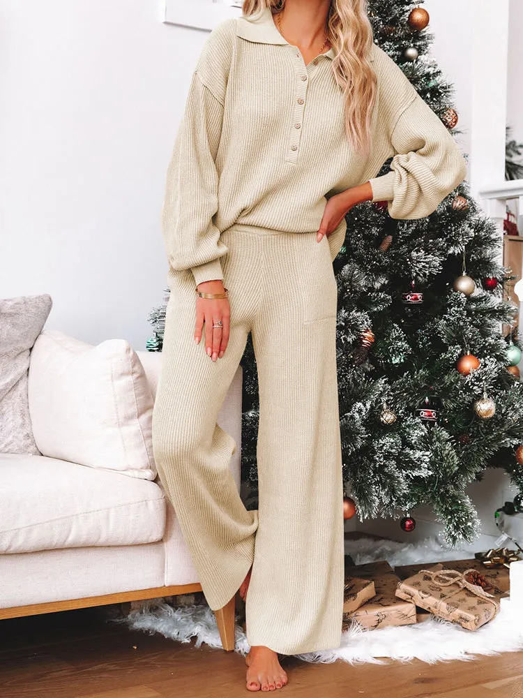 Button Knit Loungewear Puff Sleeve Top Lounge Pants 2 Pieces Sweatsuit