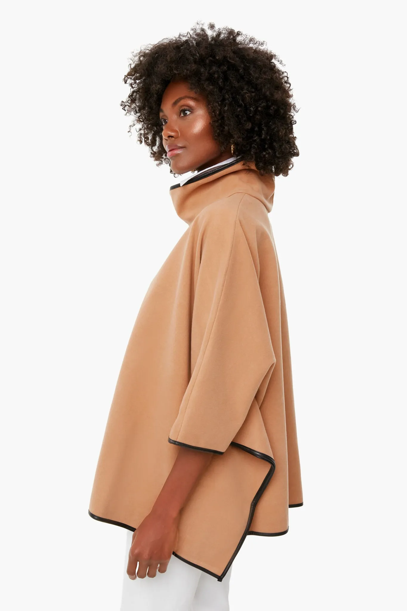 Camel Leather Trim Funnel Neck Piper Poncho