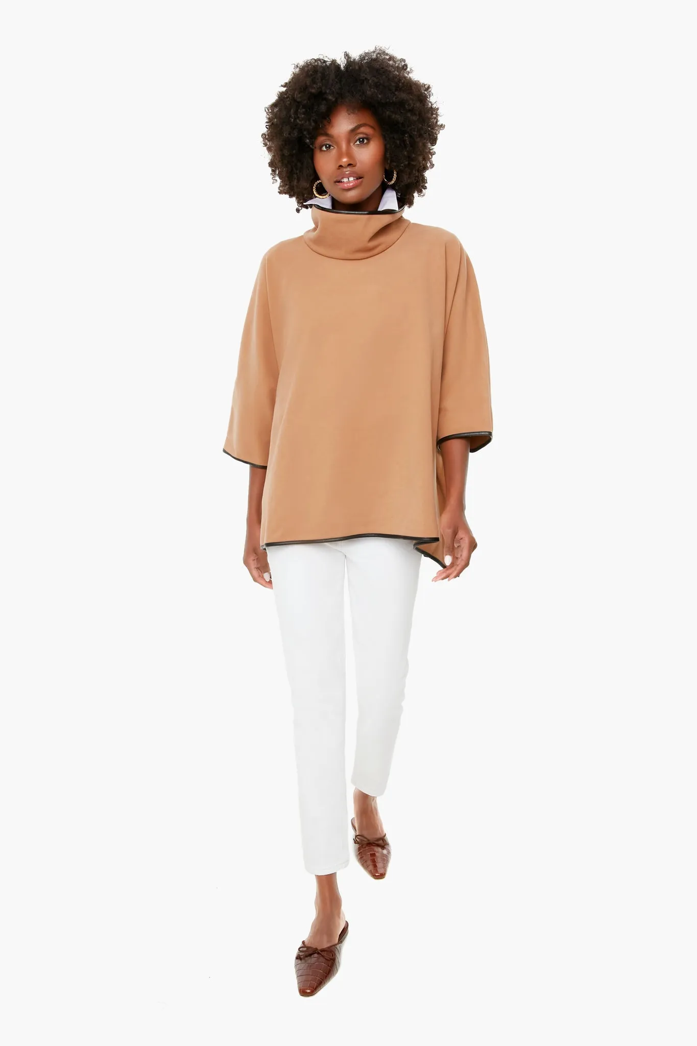 Camel Leather Trim Funnel Neck Piper Poncho