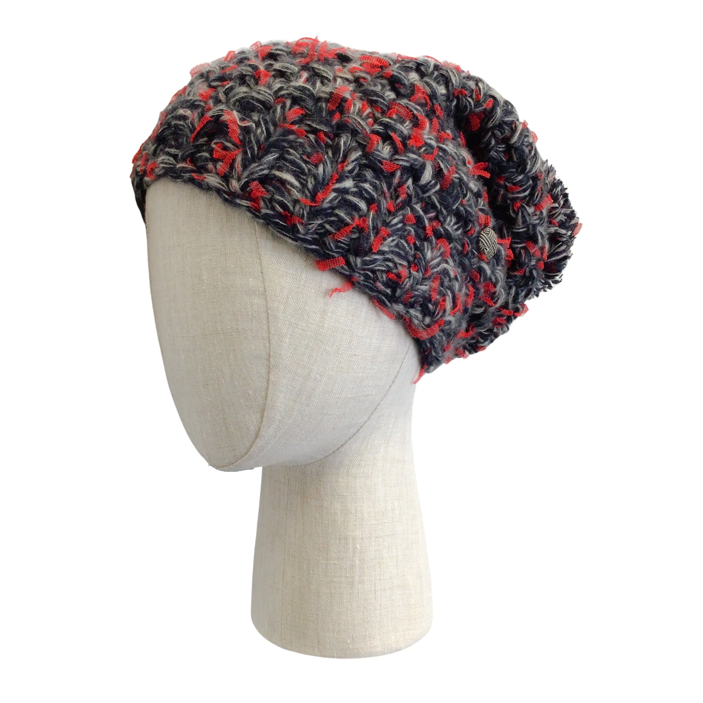 Chanel Red / Grey / Black Woven Cashmere and Silk Chunky Knit Pom Pom Beanie / Hat