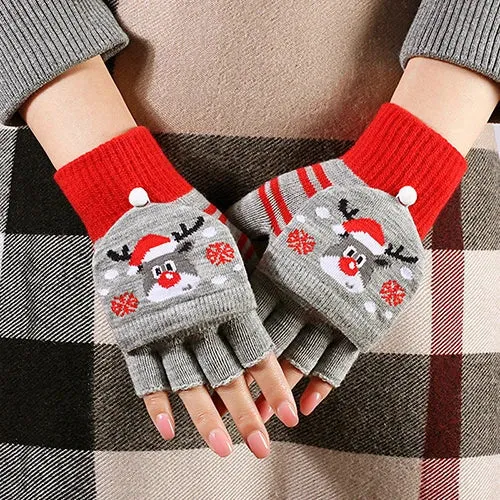 Christmas Elk Printed Knitted Flip Half Finger Winter Glove