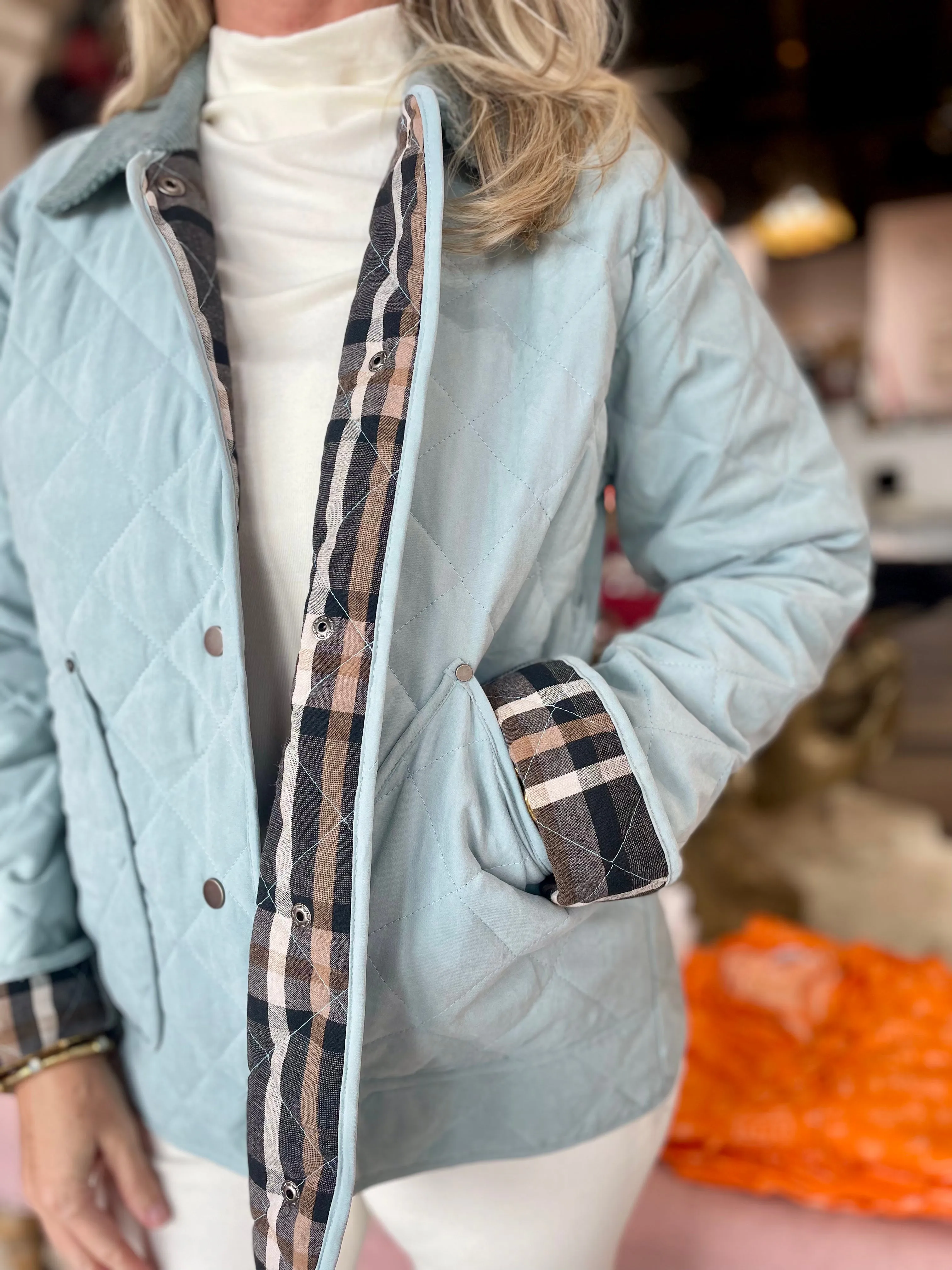 Contrast Quilted Jacket Light Blue