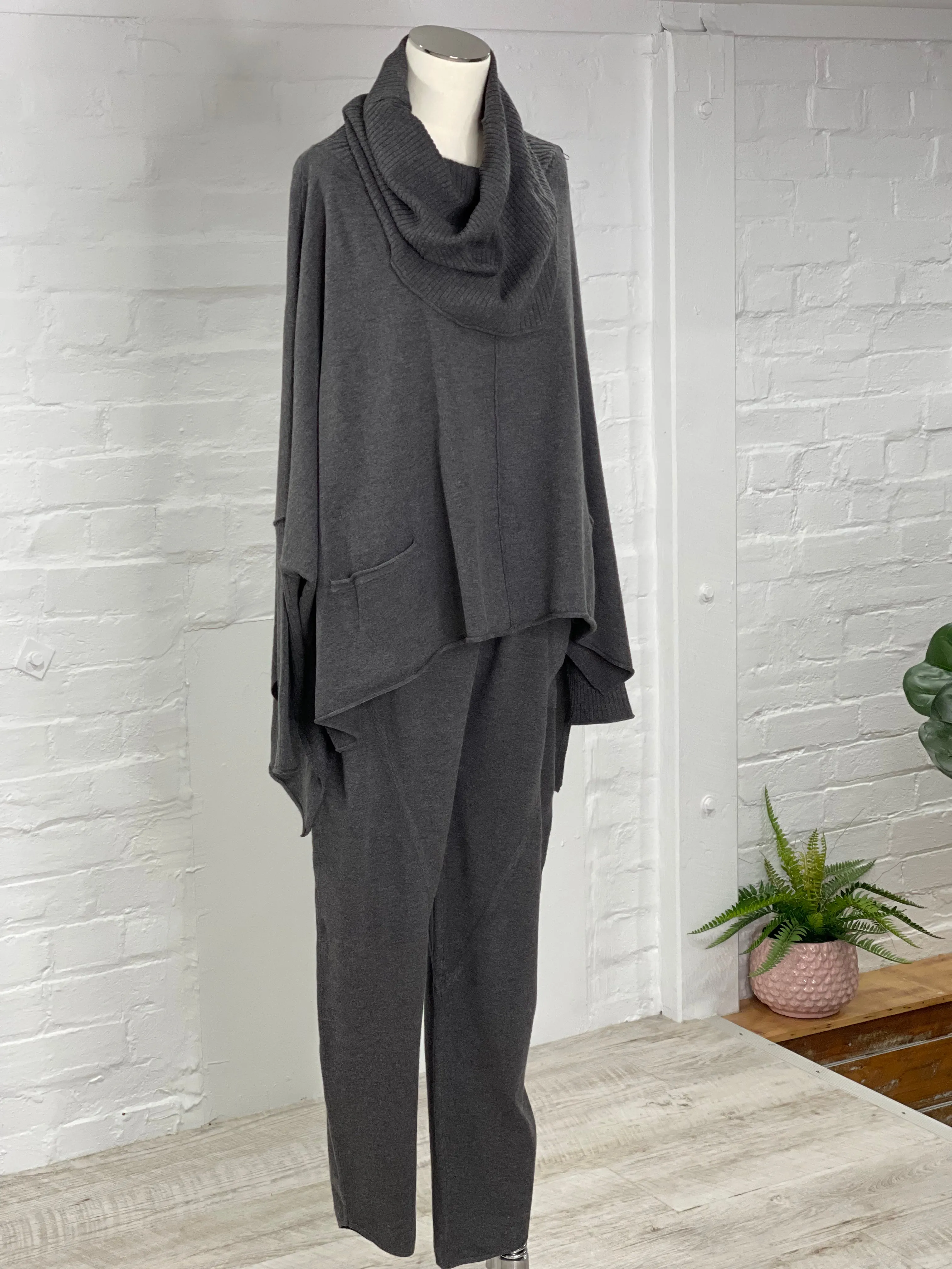 Cowl Neck Poly Voly Pullover in Dark Charcoal