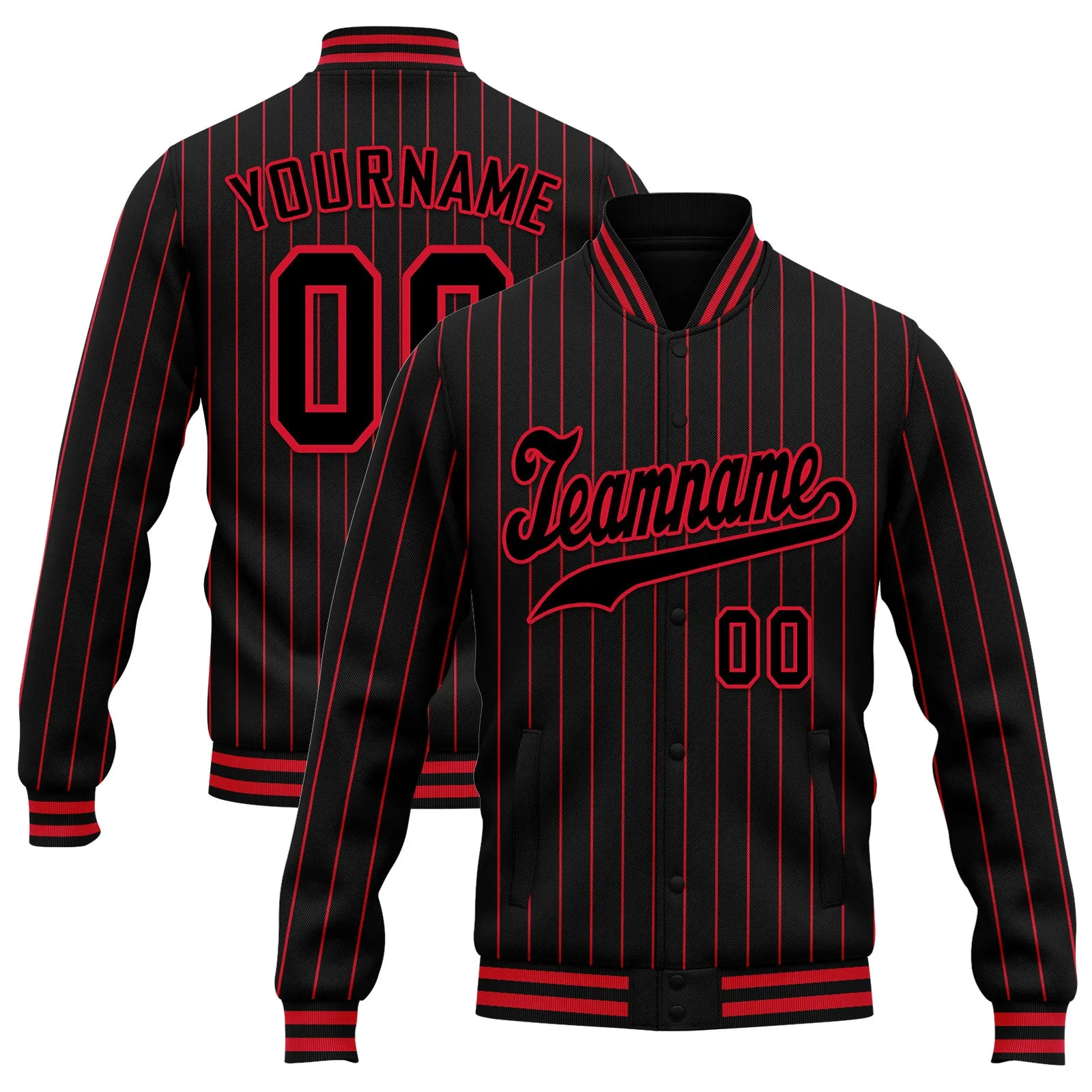 Custom Black Red Stripe Fashion Jacket Bomber Full-Snap Varsity Letterman Personalized Jacket FZ005-D020219-26