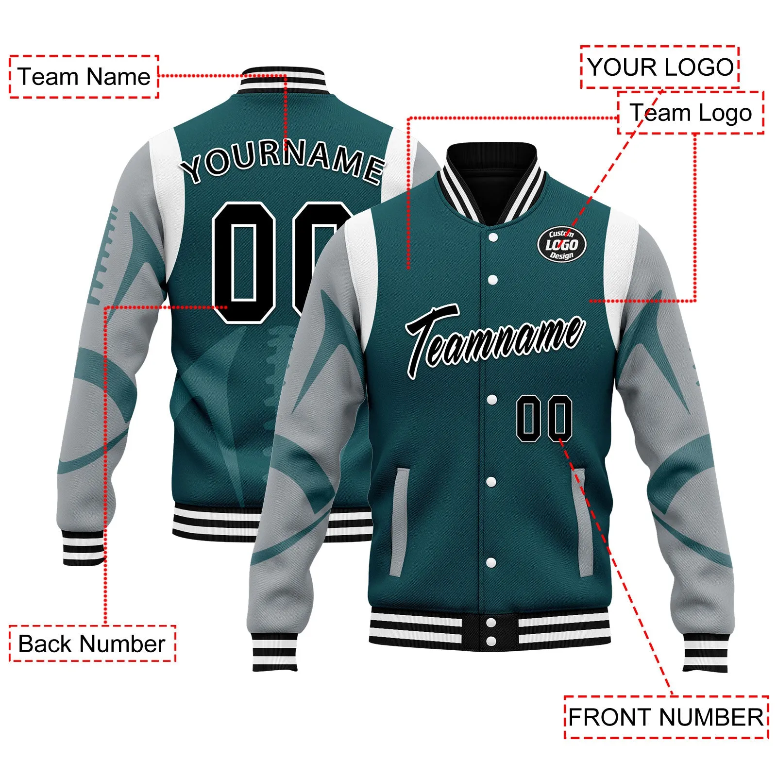 Custom Green Philadelphia Jacket Bomber Full-Snap Varsity Letterman Personalized Jacket FZ005-D025004-21