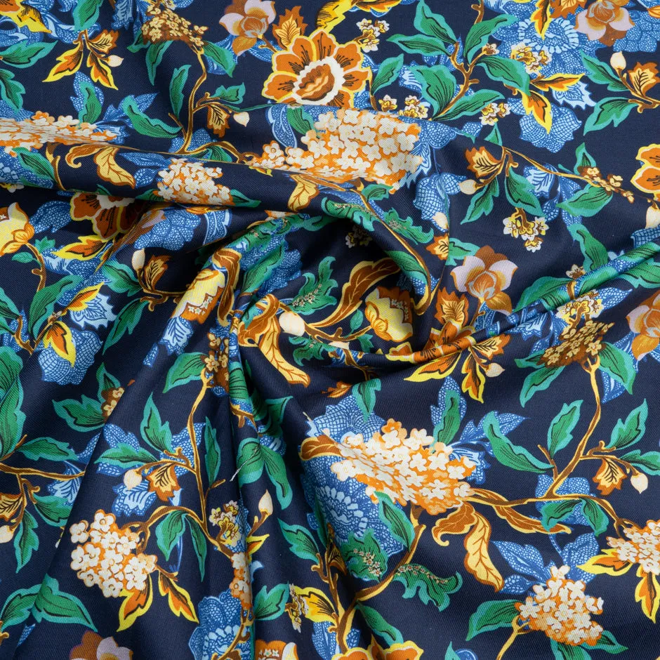 Deep Yellow Floral Printed Navy Blue Wool & Cotton Blend