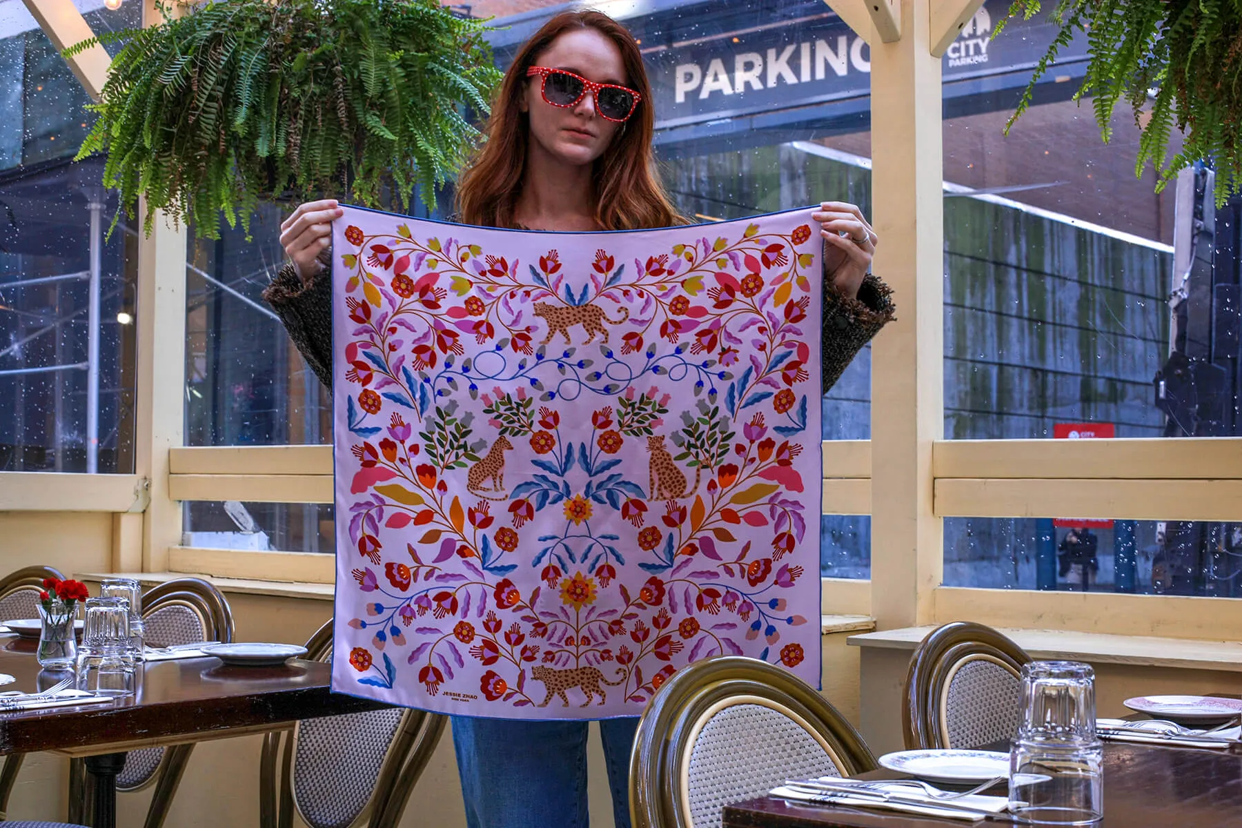 Double Sided Silk Scarf Of Pink Blossom Jungle