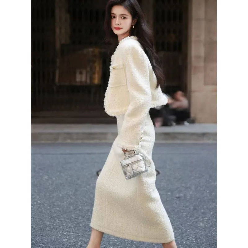 Fashionkova 2000s fashion Autumn and Winter New French Style Suit Long Sleeve Cardigan Coat High Waist Skirt Fashion Women's Two-Piece Set