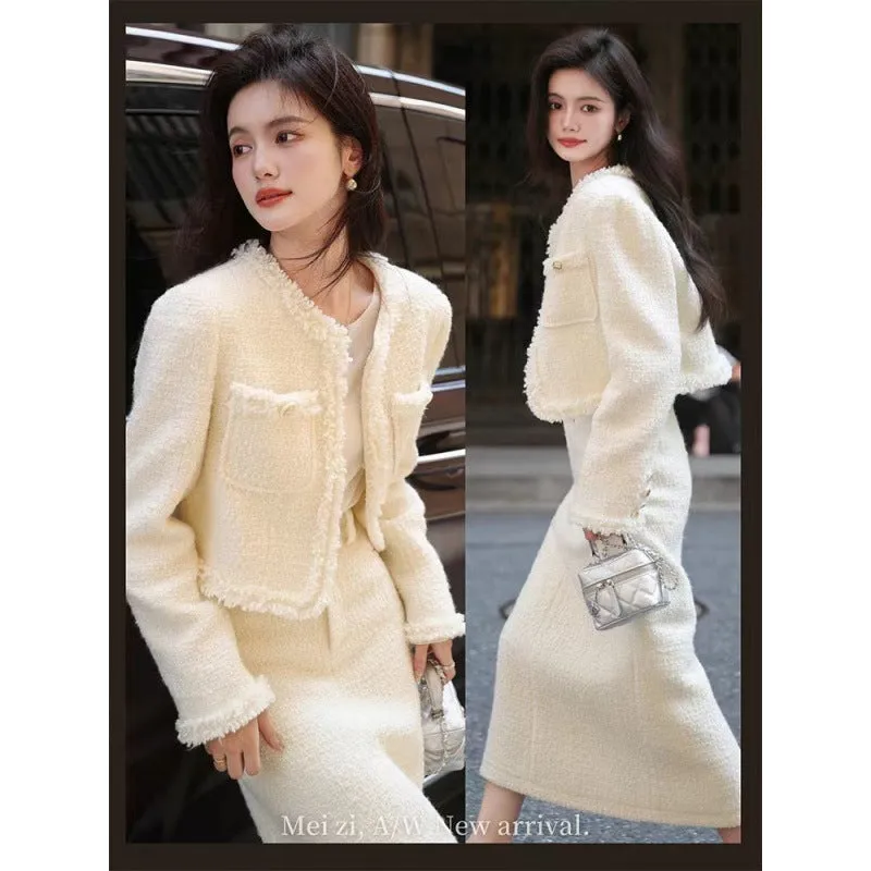 Fashionkova 2000s fashion Autumn and Winter New French Style Suit Long Sleeve Cardigan Coat High Waist Skirt Fashion Women's Two-Piece Set