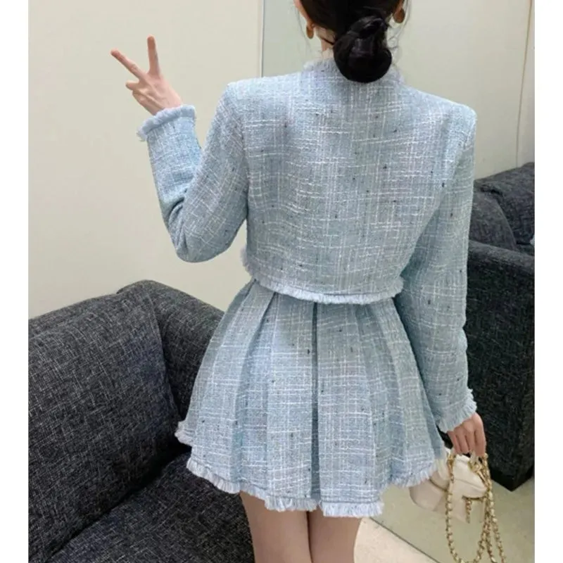 Fashionkova High Quality Tassel Design 2-Piece Sets Women Tweed Autumn New Solid Outfits Long Sleeve Short Jacket Coat   Pleated Skirt Suits