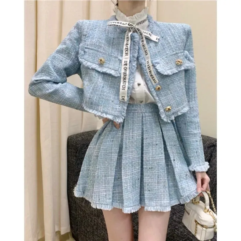 Fashionkova High Quality Tassel Design 2-Piece Sets Women Tweed Autumn New Solid Outfits Long Sleeve Short Jacket Coat   Pleated Skirt Suits