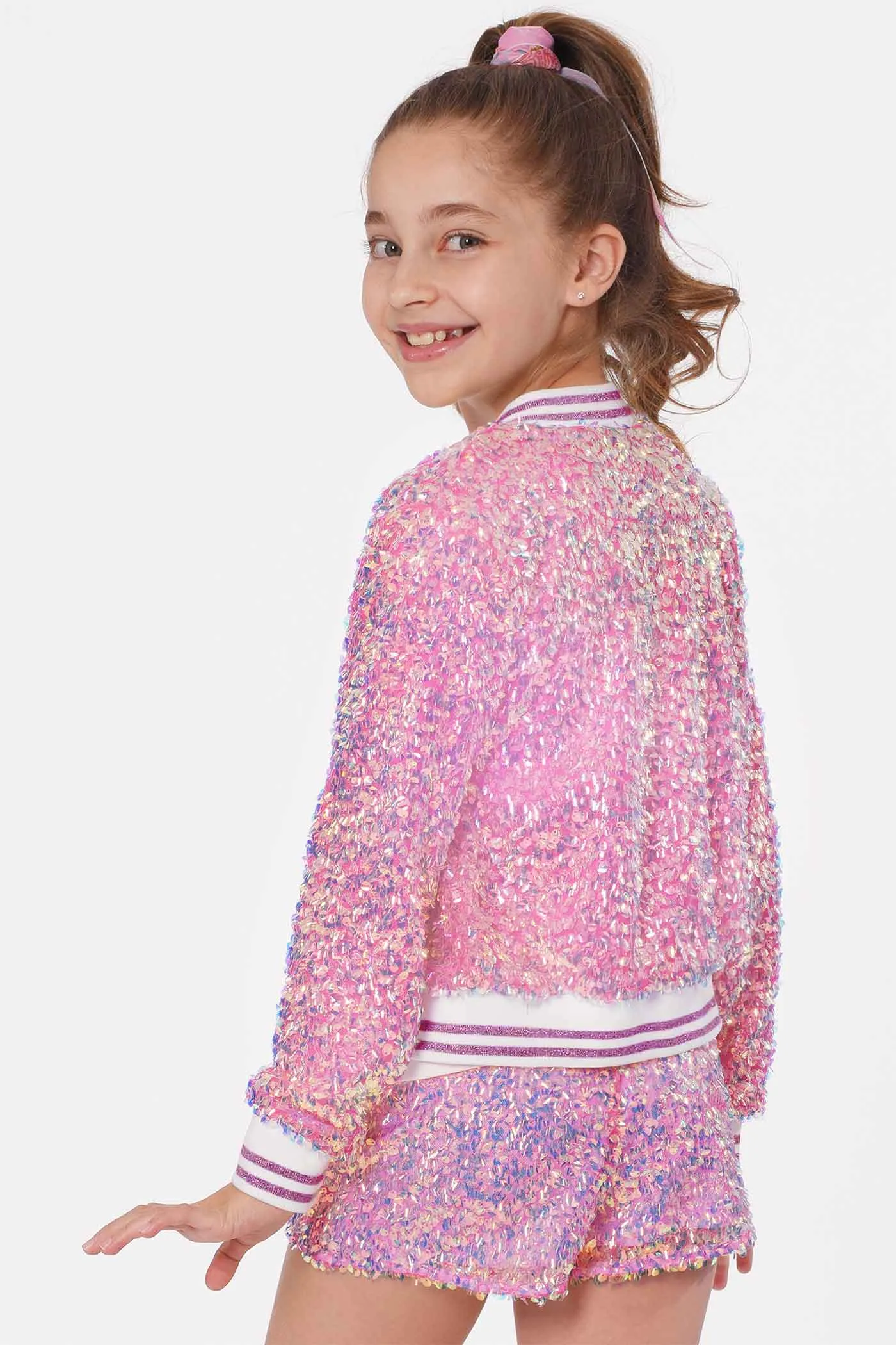 Girls Holographic Sequin Fashion Bomber Jacket