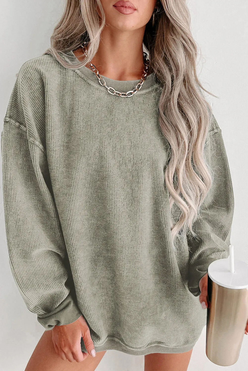 Green Solid Ribbed Knit Round Neck Pullover Sweatshirt