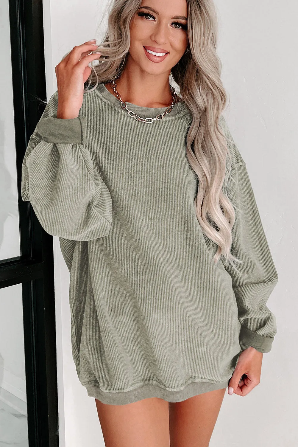 Green Solid Ribbed Knit Round Neck Pullover Sweatshirt