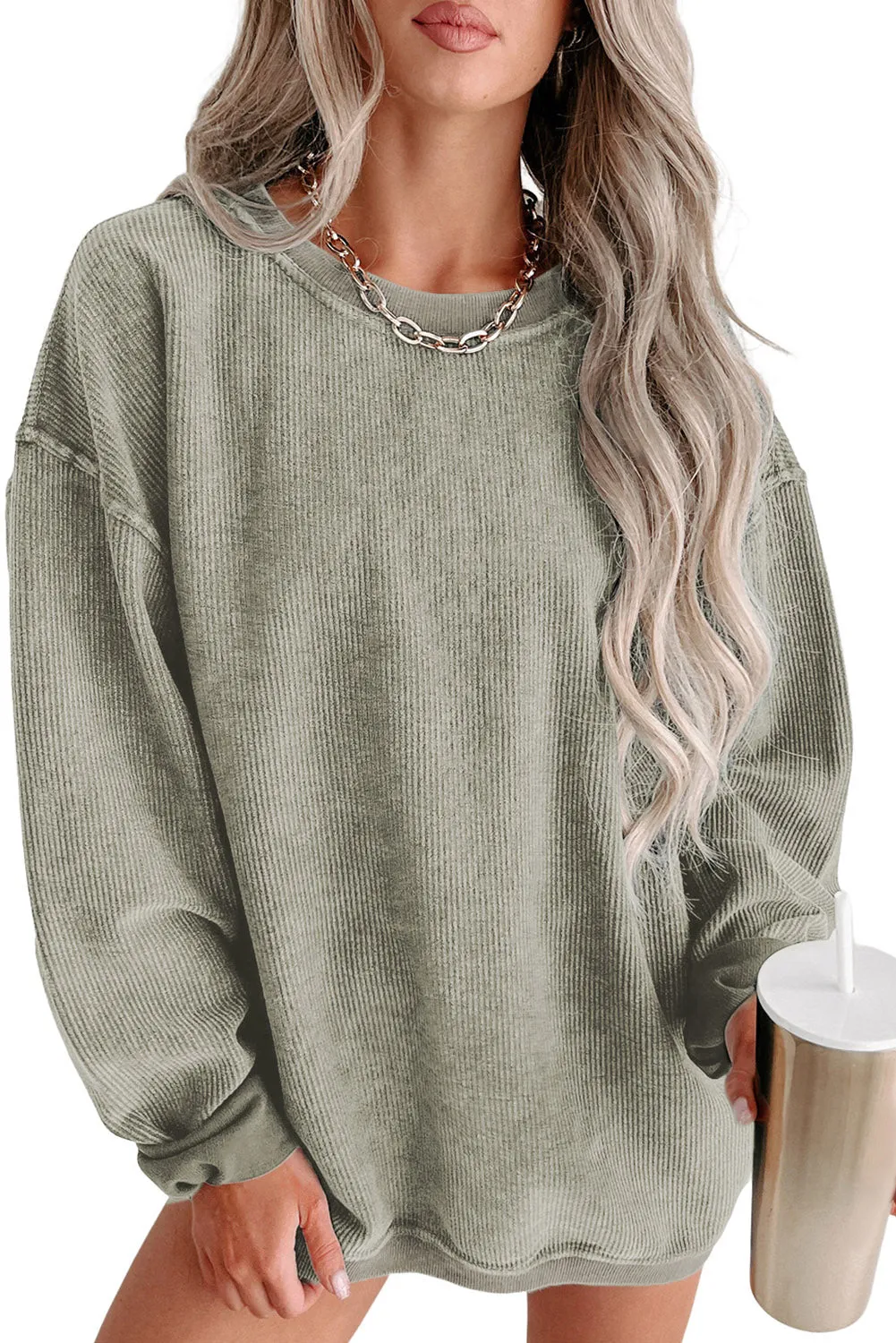 Green Solid Ribbed Knit Round Neck Pullover Sweatshirt