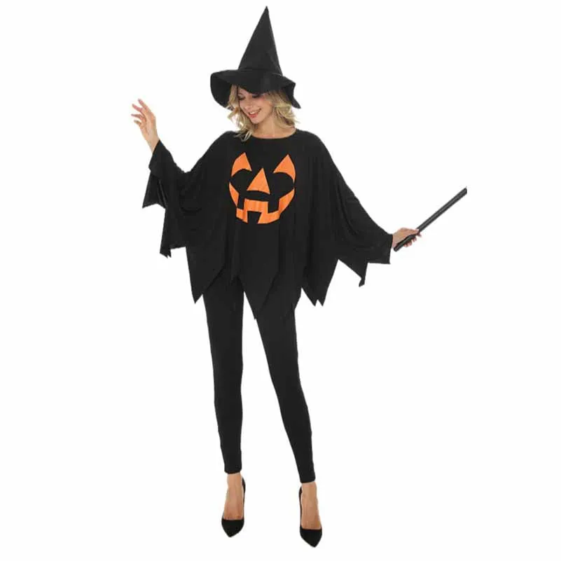 Halloween Party Costume Pumpkin Witch Cosplay Elf Black Cloak Set 3 pieces