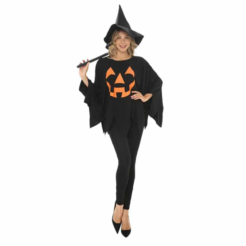 Halloween Party Costume Pumpkin Witch Cosplay Elf Black Cloak Set 3 pieces