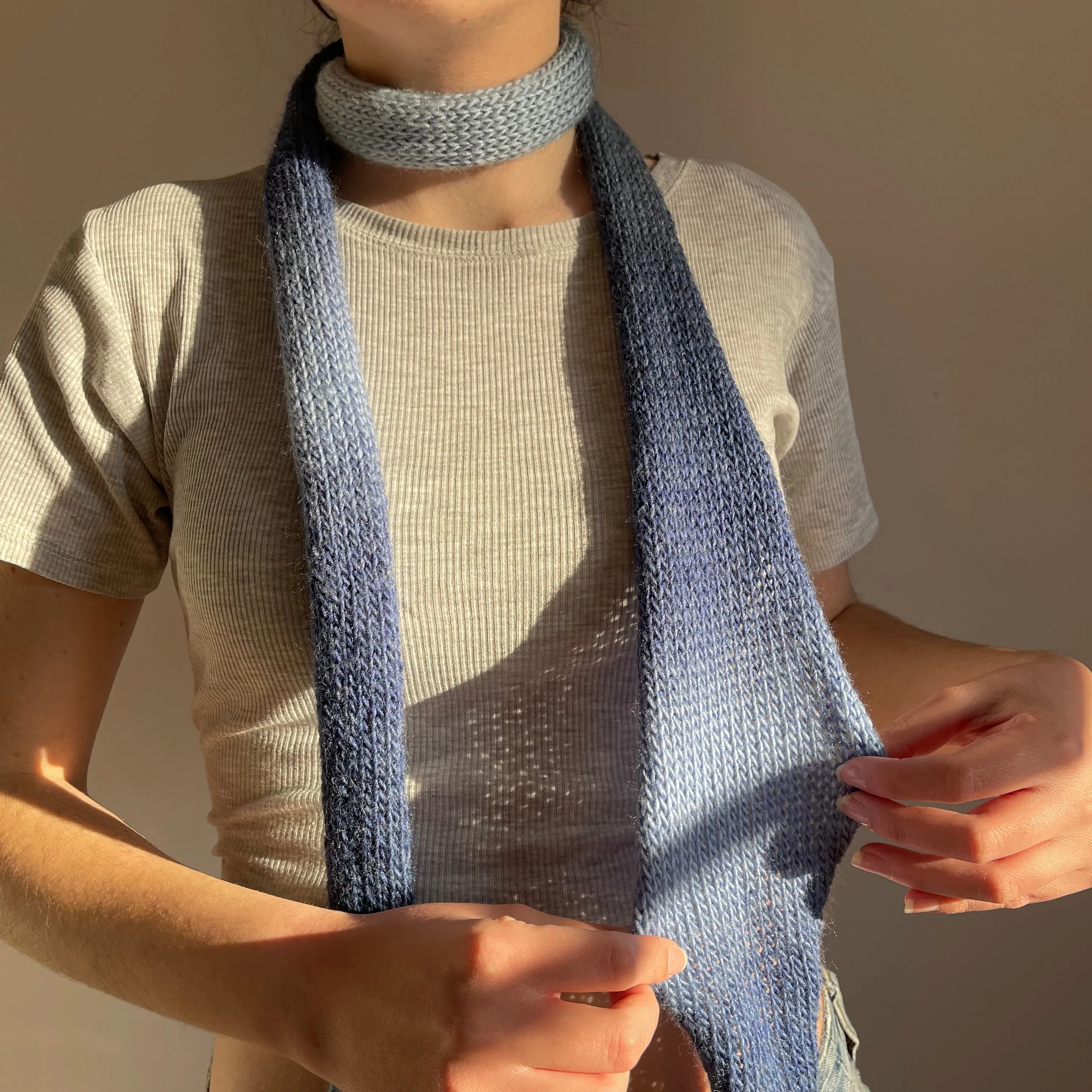 Handmade knitted ombré skinny scarf - blue shades colourway