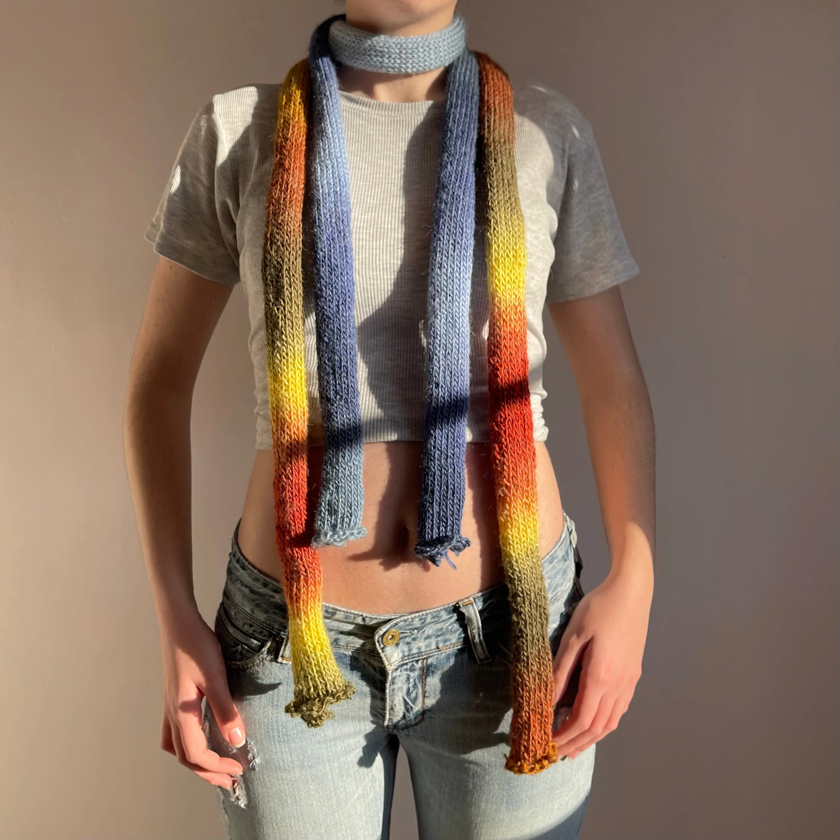 Handmade knitted ombré skinny scarf - blue shades colourway