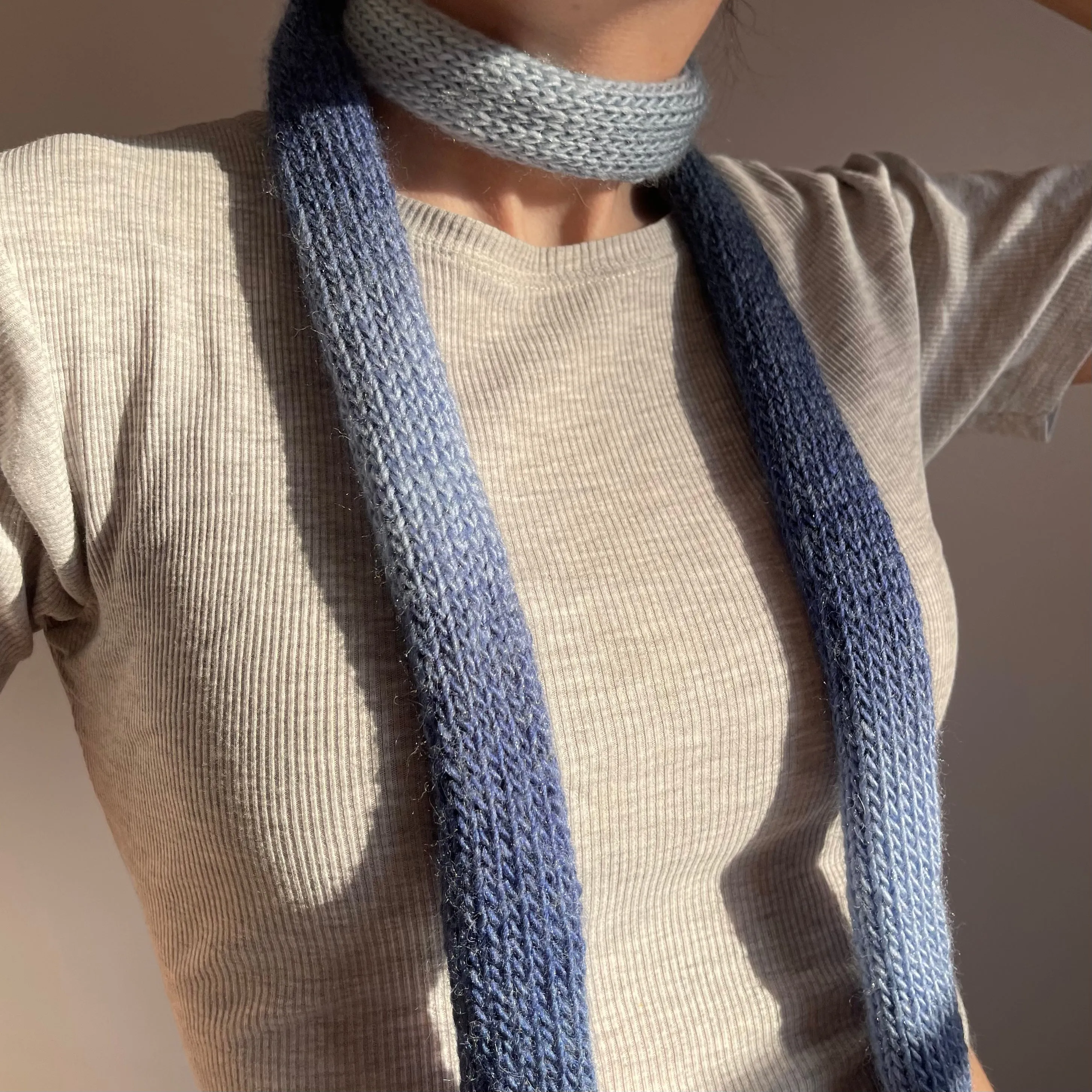 Handmade knitted ombré skinny scarf - blue shades colourway