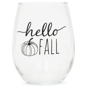 Hello Fall Pumpkin Black 14 ounce Glass Stemless Wine Tumbler Glass