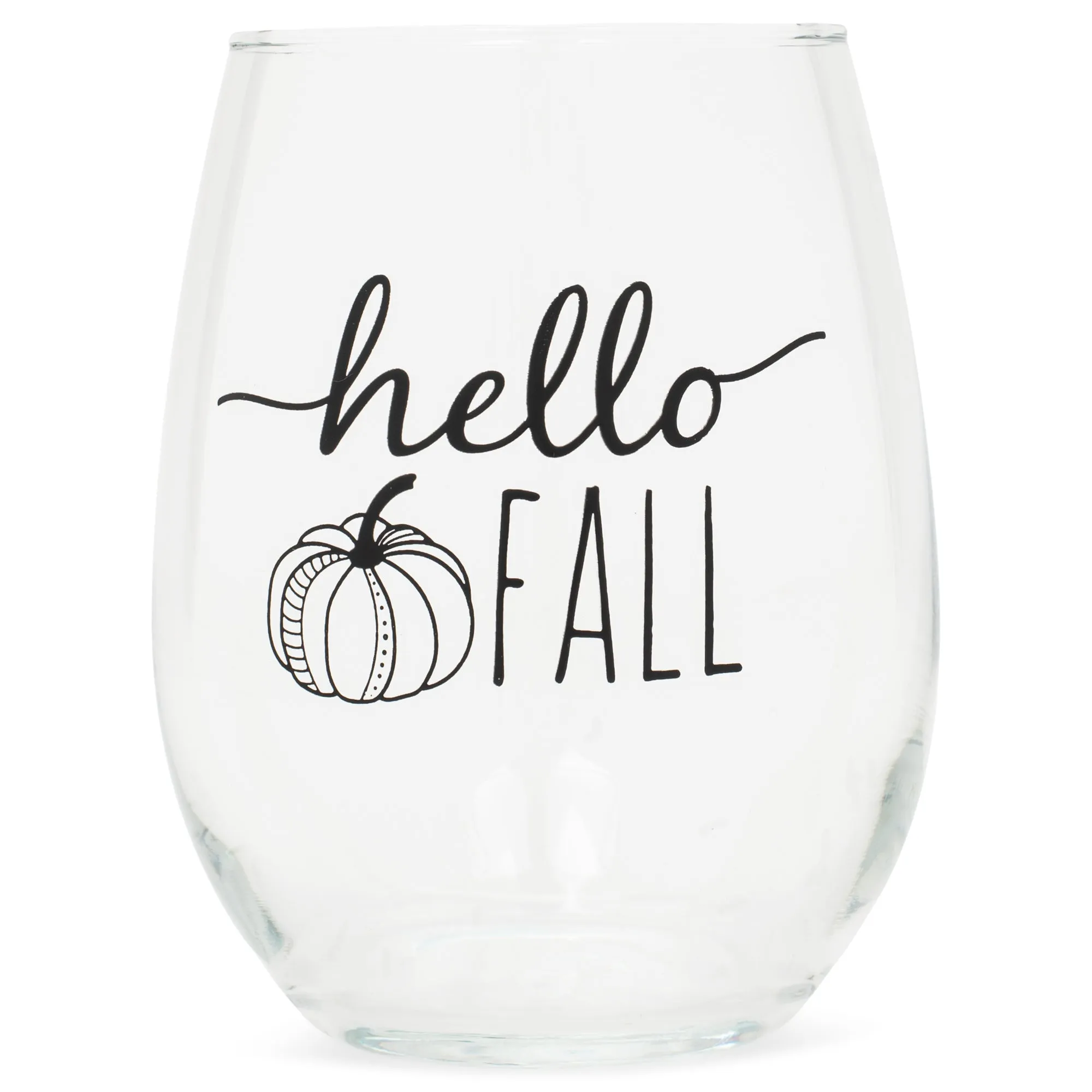 Hello Fall Pumpkin Black 14 ounce Glass Stemless Wine Tumbler Glass