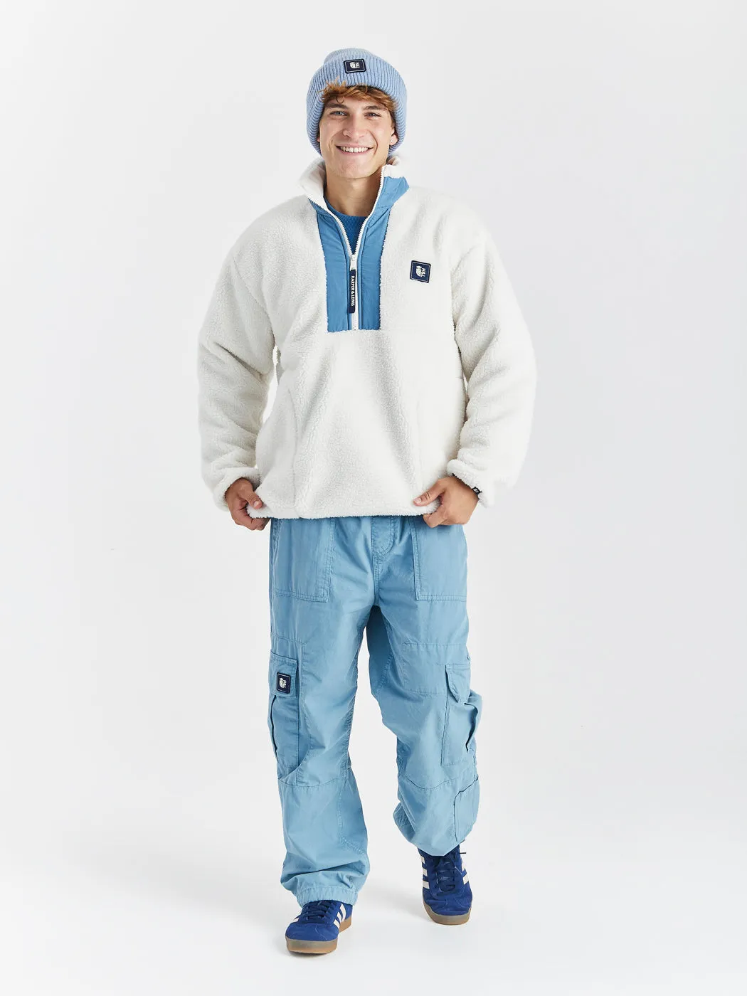 Iris 1/4 Zip Sherpa Fleece Cream & Steel Blue