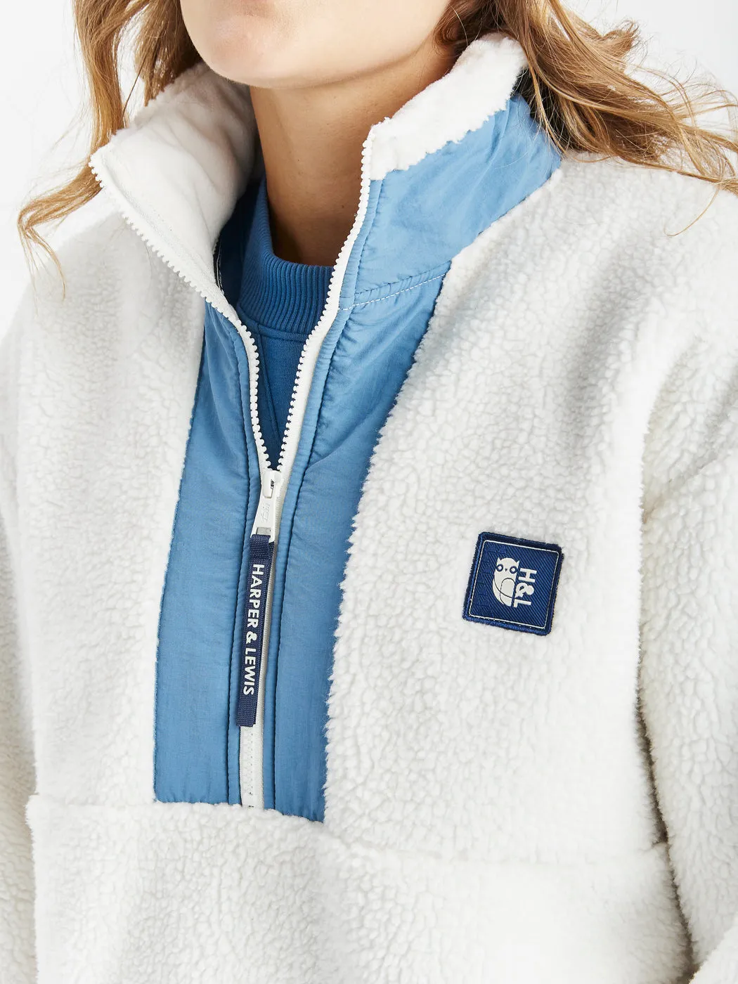 Iris 1/4 Zip Sherpa Fleece Cream & Steel Blue