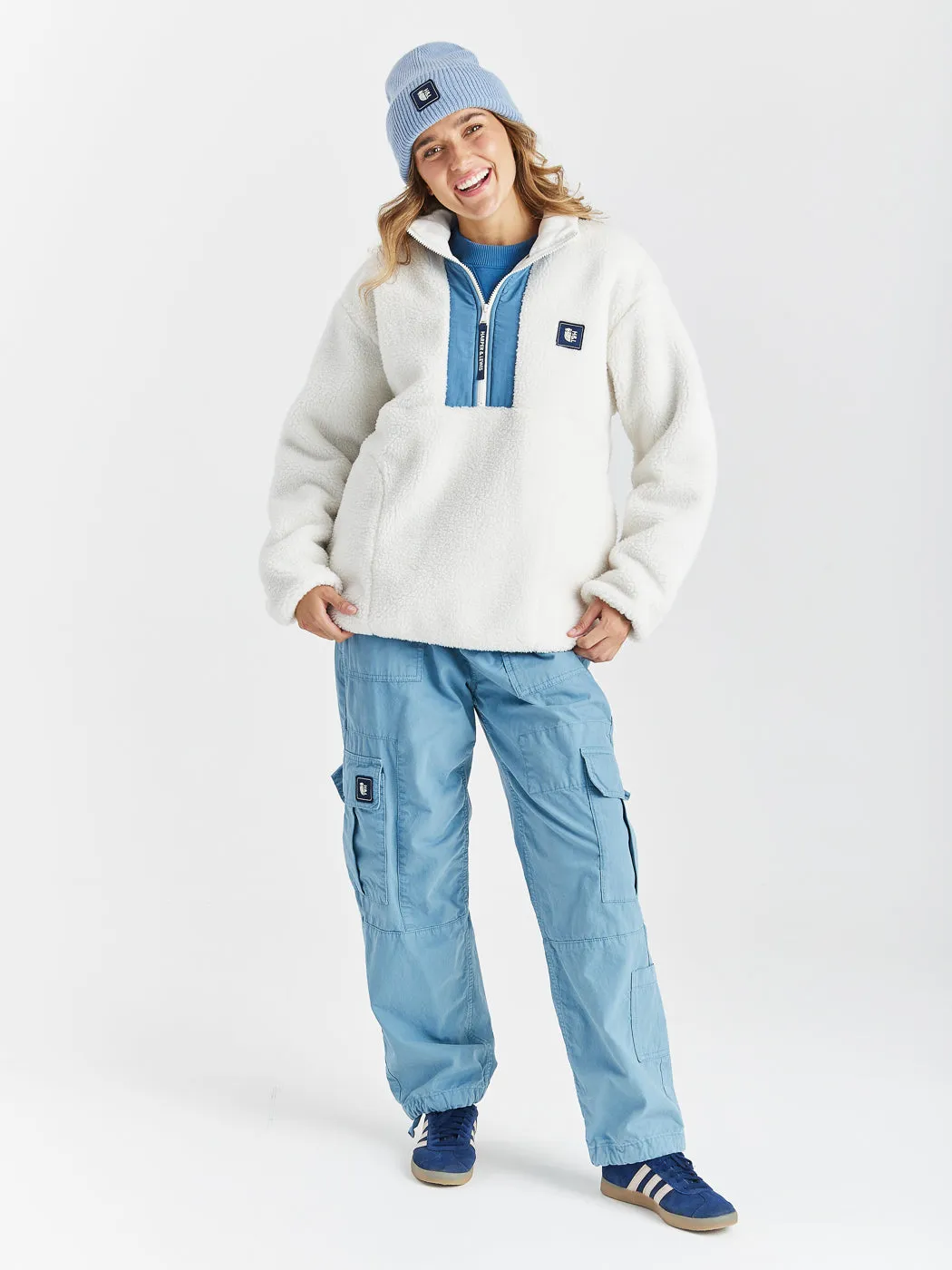 Iris 1/4 Zip Sherpa Fleece Cream & Steel Blue