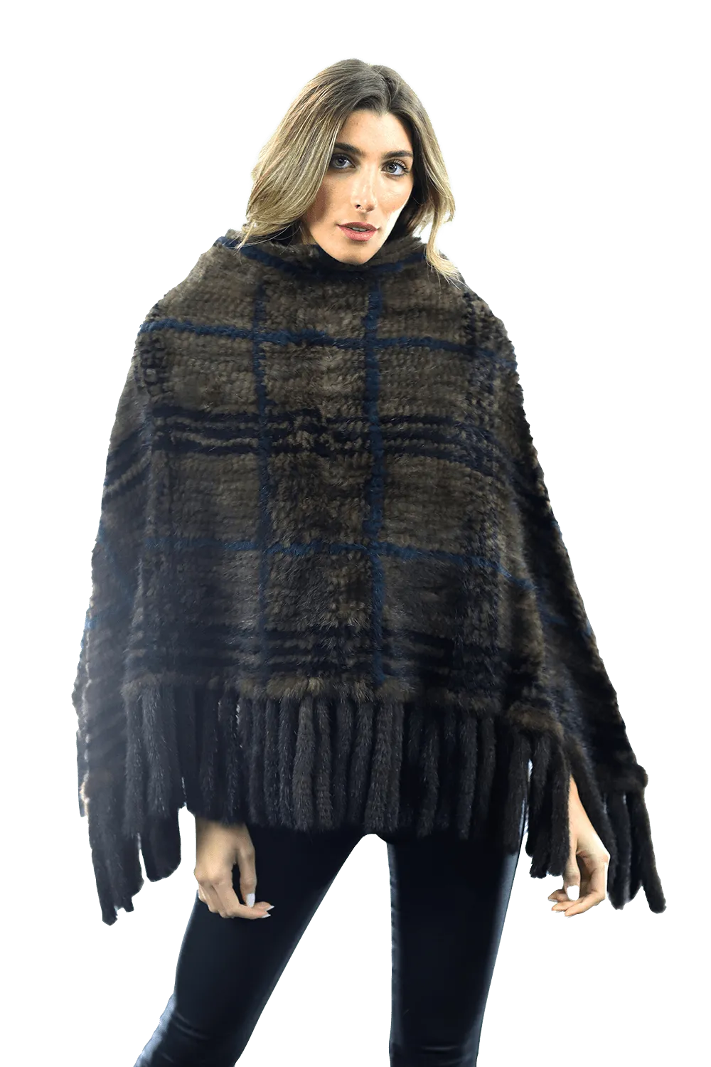 La Fiorentina - Mink Plaid Poncho Brown/Wine/Blue