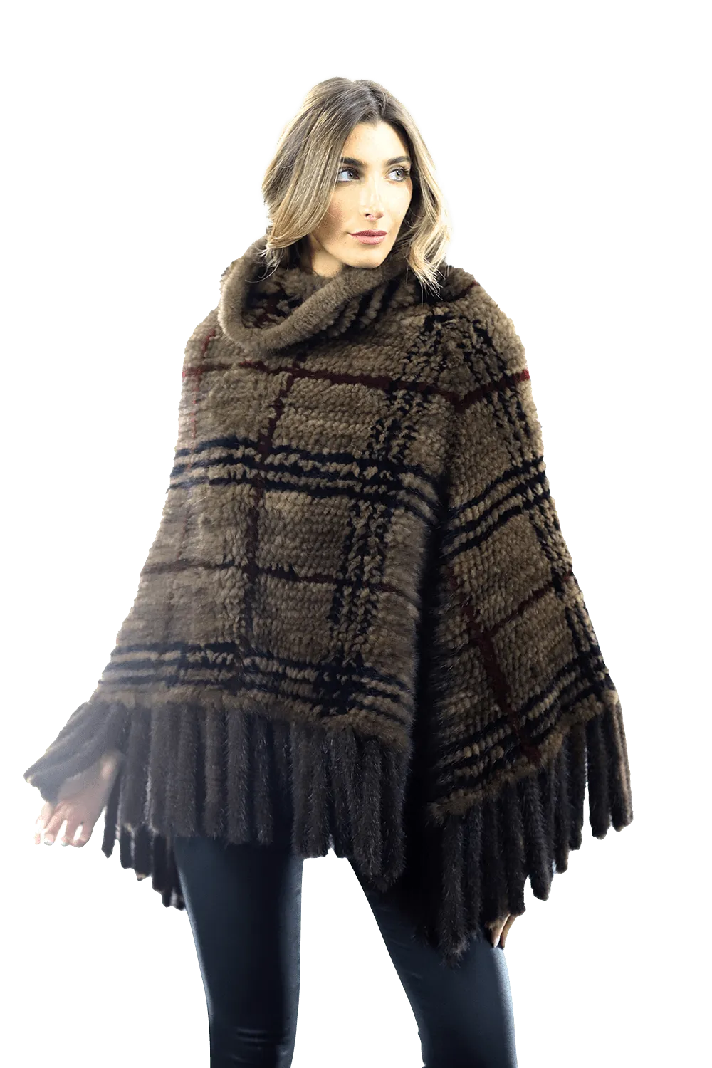 La Fiorentina - Mink Plaid Poncho Brown/Wine/Blue