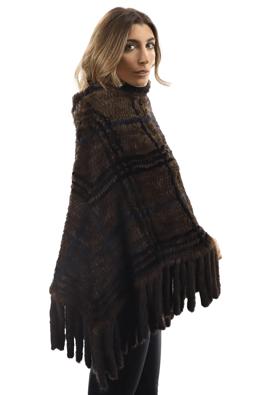 La Fiorentina - Mink Plaid Poncho Brown/Wine/Blue