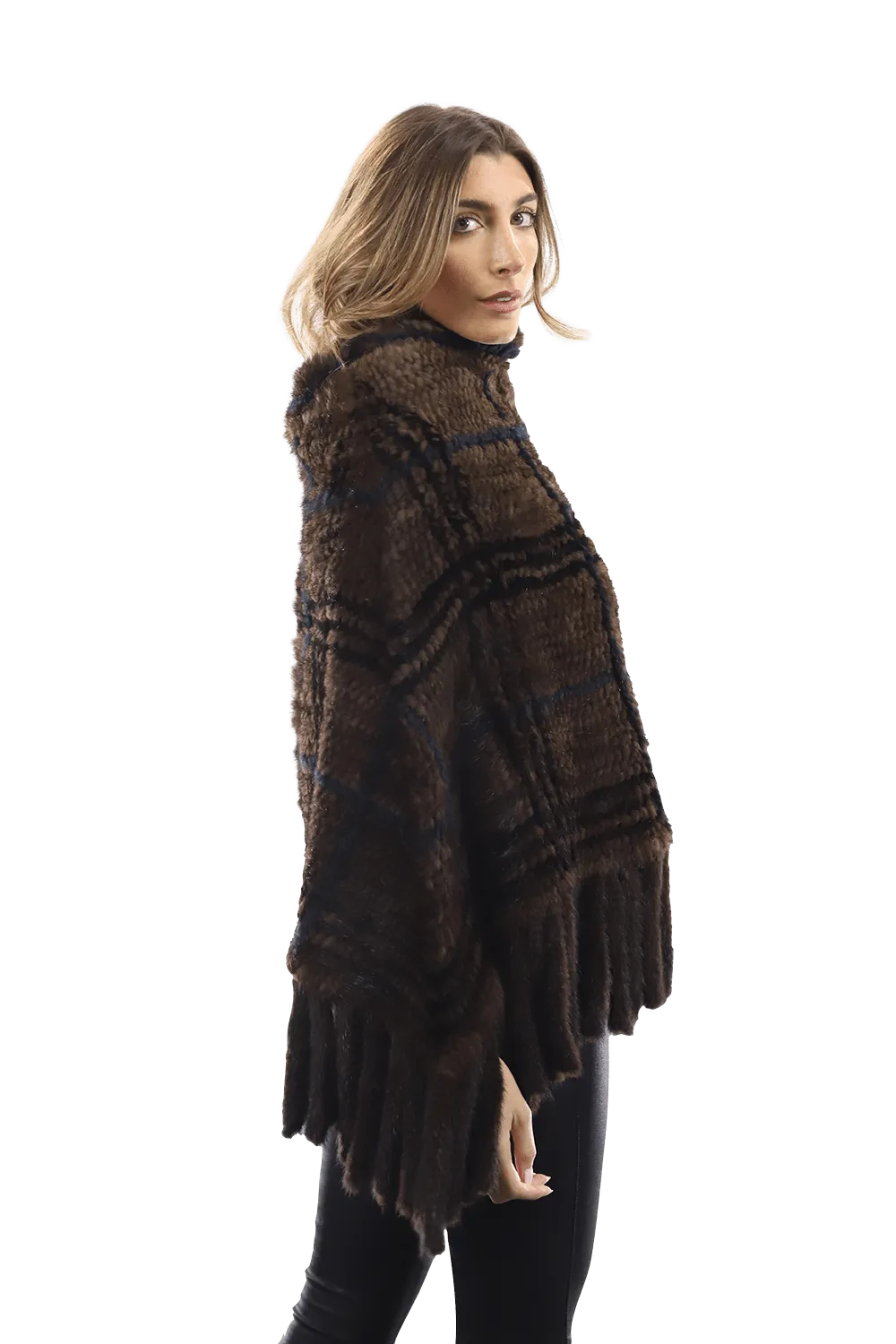 La Fiorentina - Mink Plaid Poncho Brown/Wine/Blue