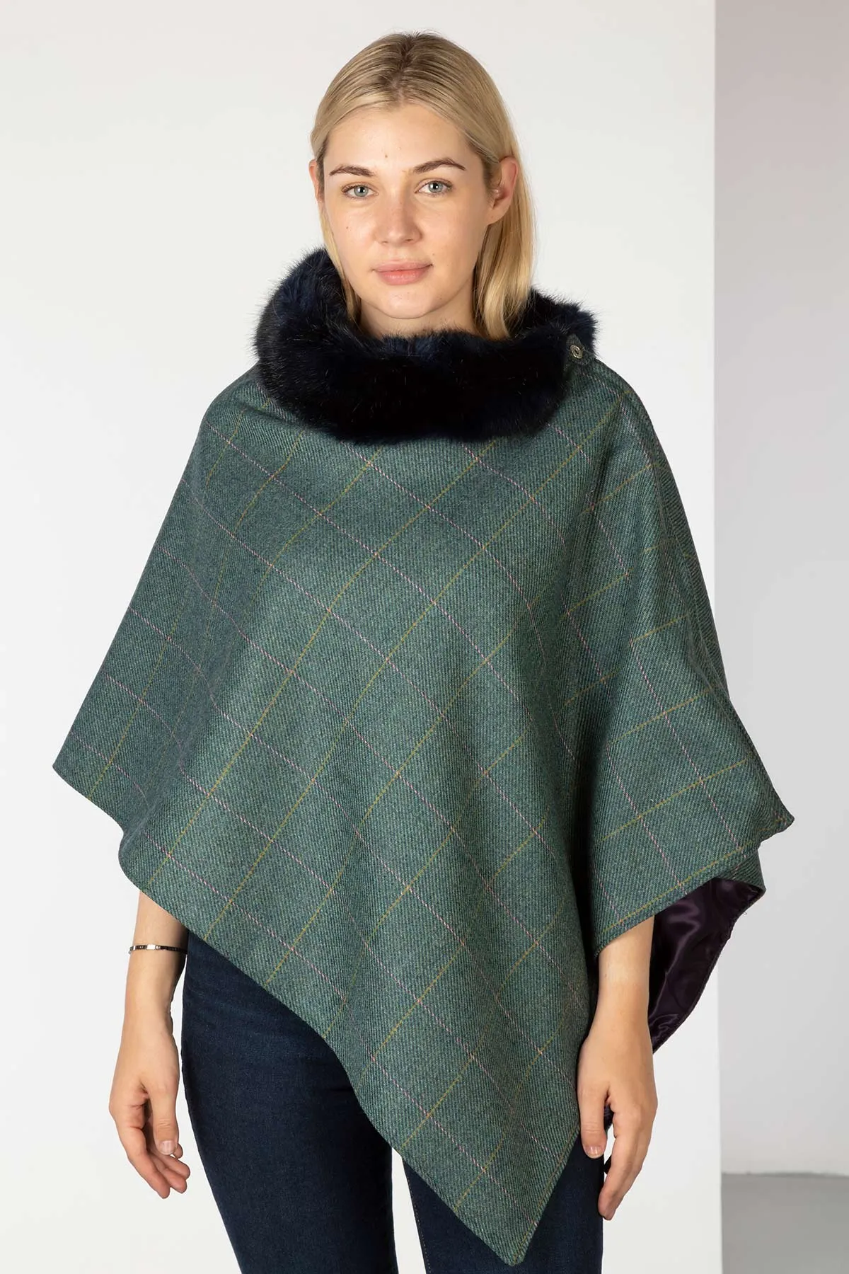 Ladies Wool Tweed Poncho With Faux Fur