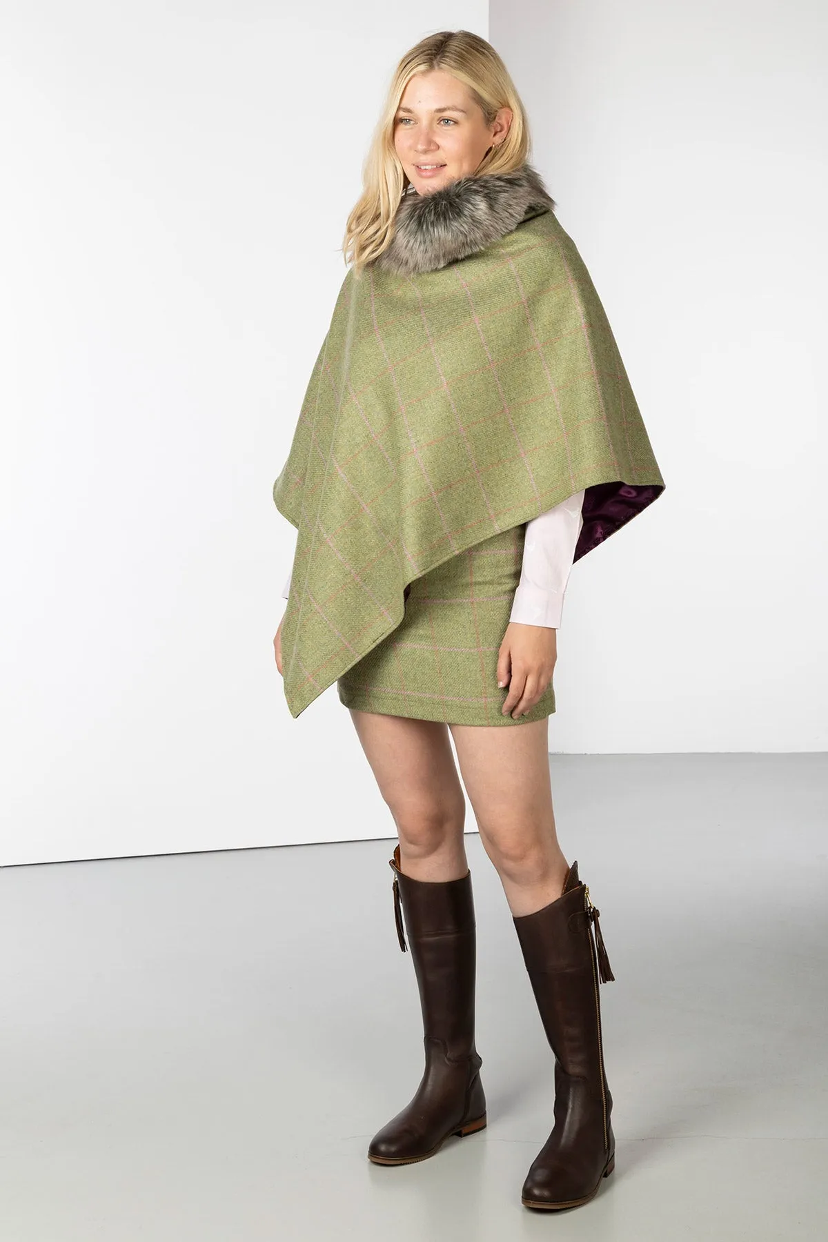 Ladies Wool Tweed Poncho With Faux Fur