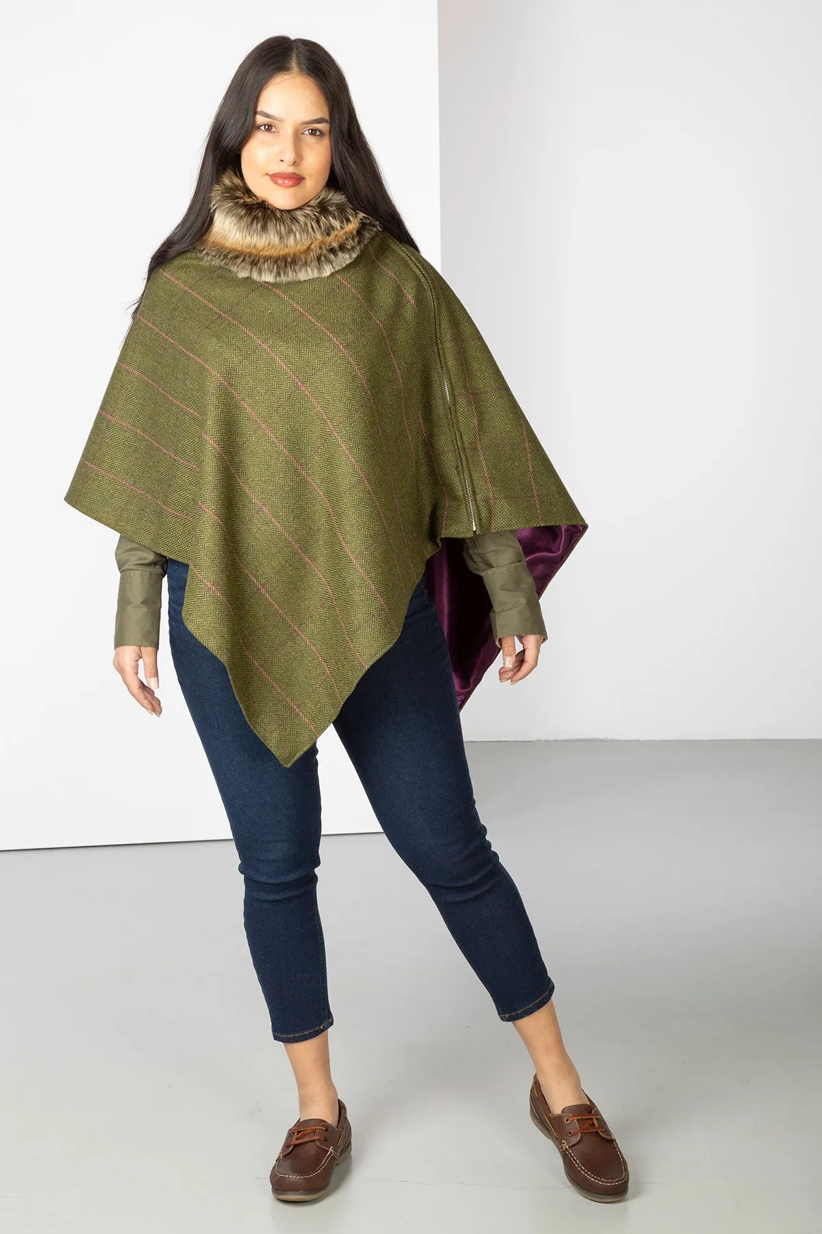 Ladies Wool Tweed Poncho With Faux Fur